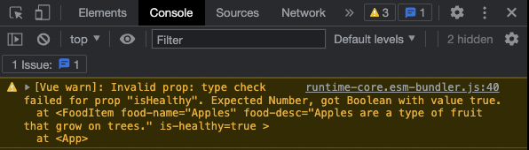 Screenshot of wrong data type prop warning